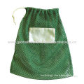 Heavy mesh laundry bags in green color, drawstring closure, each bag is packed in an OPP bag